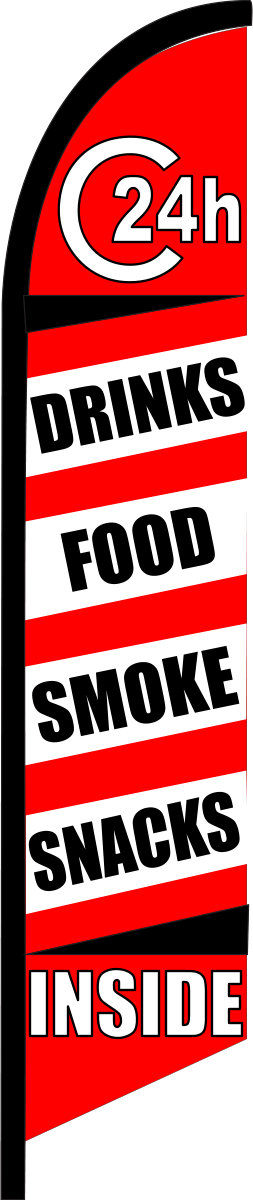 24h SMOKES SNACKS DRINKS FOOD INSIDE swooper banner sign flag