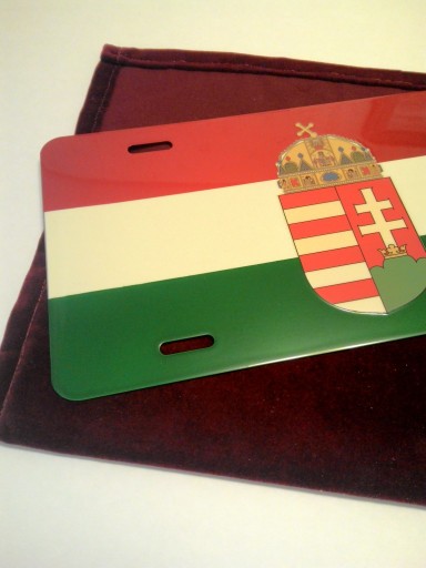Hungarian flag with crest license plate with velvet pouch